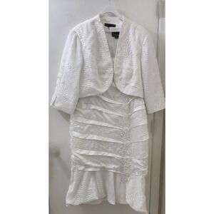 Nina‎ Nischelle White Textured Matelasse Dress and Blazer Set Floral Applique 20